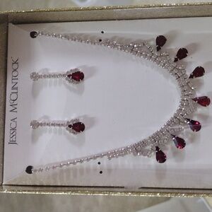 Jessica McClintock Ruby Red and Clear Crystal Necklace &‎ Earrings Set
